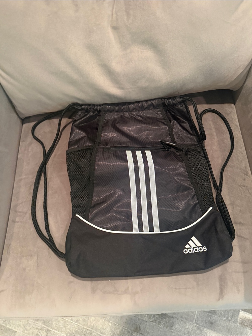 adidas Black Drawstring Backpack with White Logo and Stripes